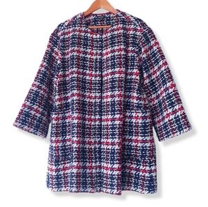 LORD & TAYLOR Blue & Red Open Front Woven Tweed Wool Blend Coat